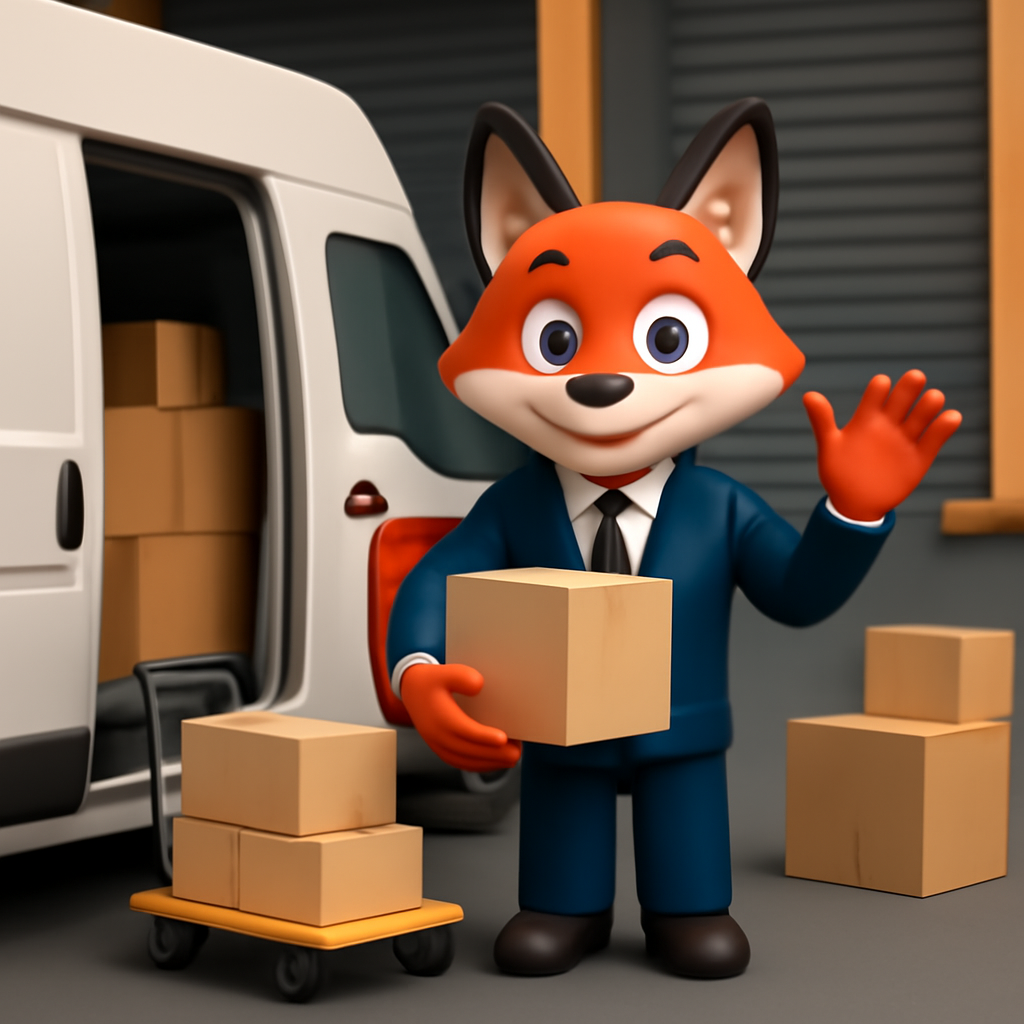 Ein cartoonhafter Fuchs in Anzug hält eine Kiste vor einem Lieferwagen.