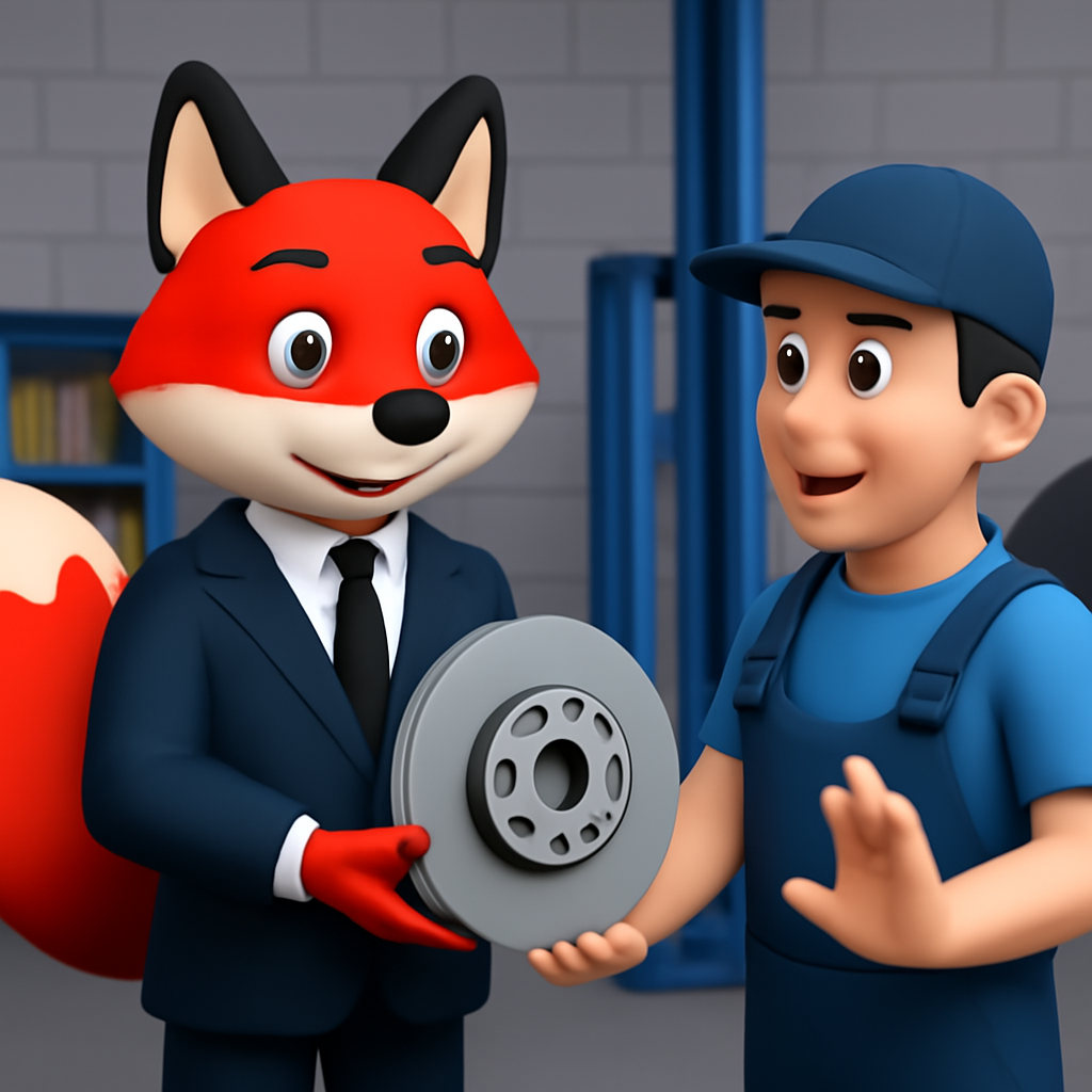 Ein fuchsähnlicher Charakter in Anzug übergibt einem Mechaniker eine Bremsscheibe.