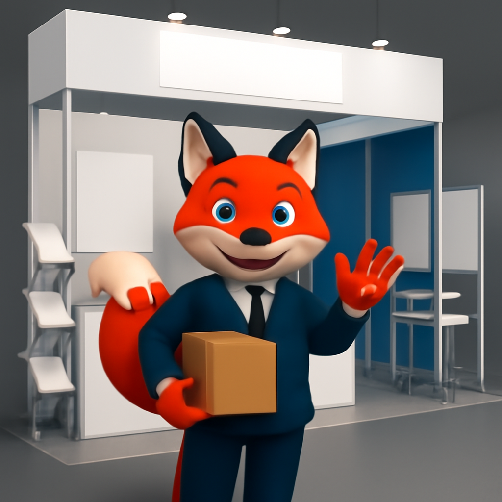 Rotfuchs-Charakter in Anzug hält eine Kiste und winkt vor einem Messestand.