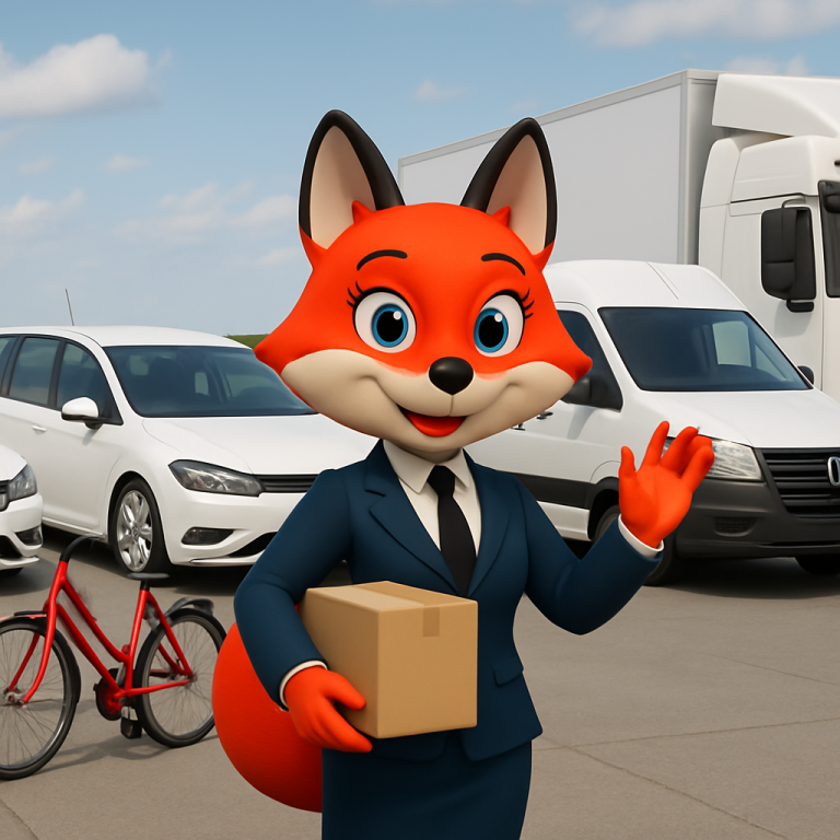 Ein anthropomorpher Fuchs in Anzug hält ein Paket und winkt, umgeben von Fahrzeugen.