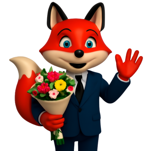 Ein roter Fuchs im Anzug hält einen Blumenstrauß und winkt freundlich.