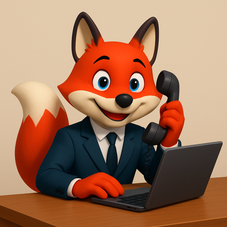 Ein cartoonhafter roter Fuchs im Anzug sitzt an einem Schreibtisch und telefoniert.