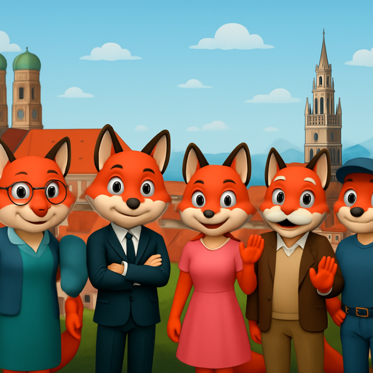 Fünf Cartoonfüchse in bunten Outfits vor einer Stadtlandschaft.