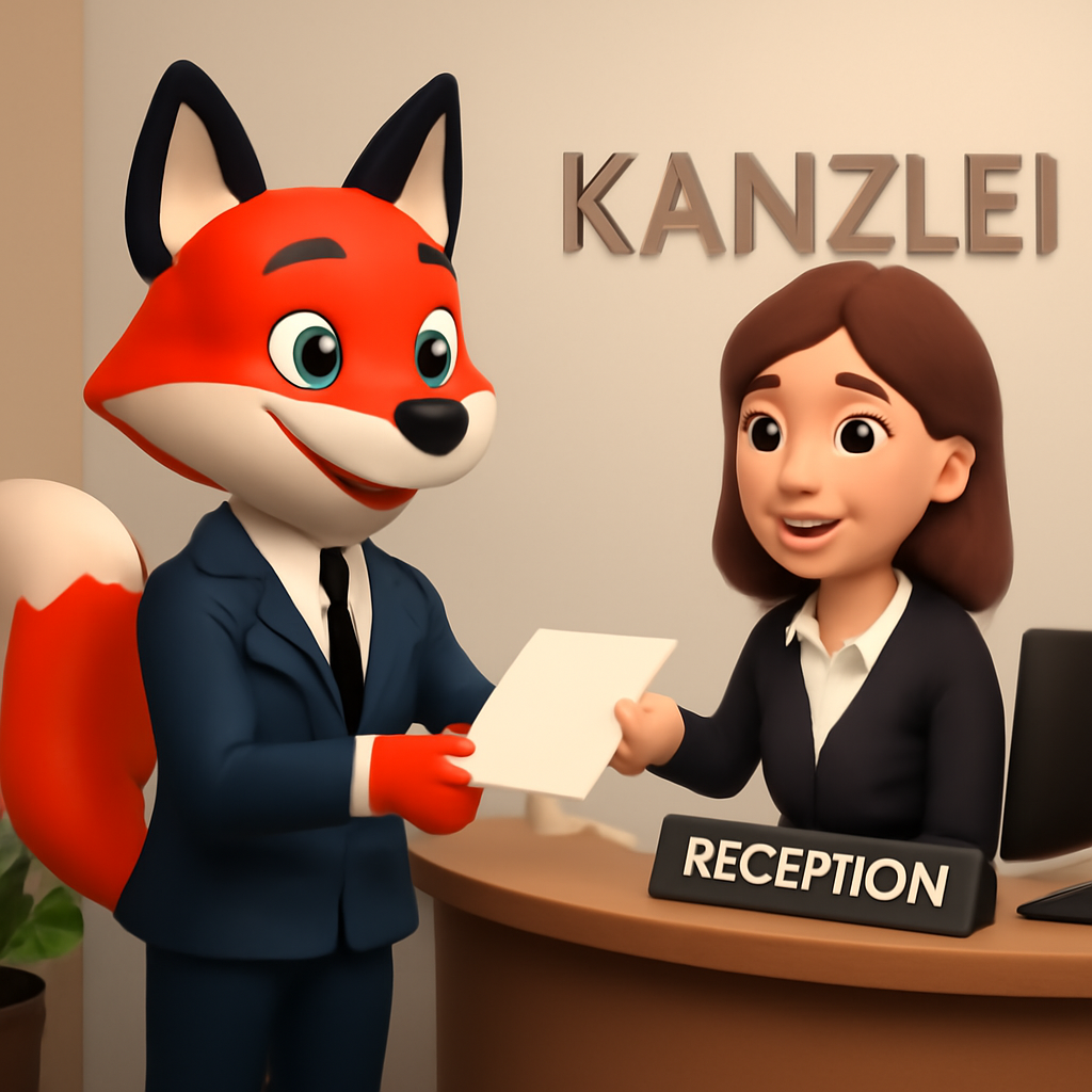 Ein freundlich lächelnder Fuchs in Anzug überreicht einem Empfangstalent Unterlagen.