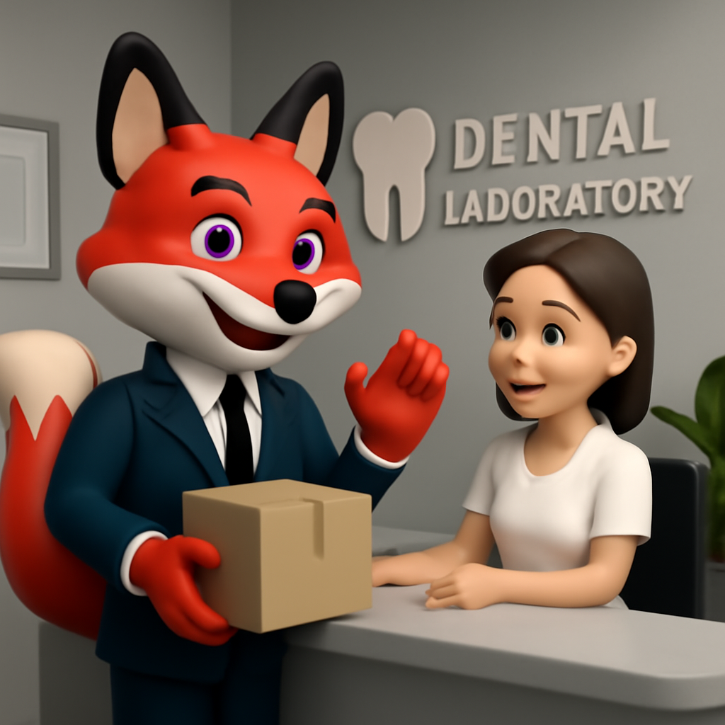 Ein roter Fuchs im Anzug übergibt einer Frau ein Paket in einem Dentallabor.